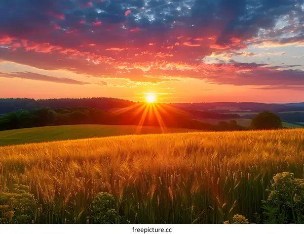 Field of wheat under a setting sun