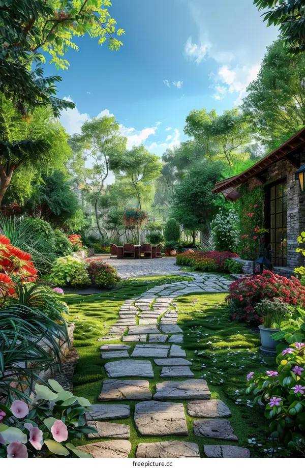 Stone Path Through Lush Garden