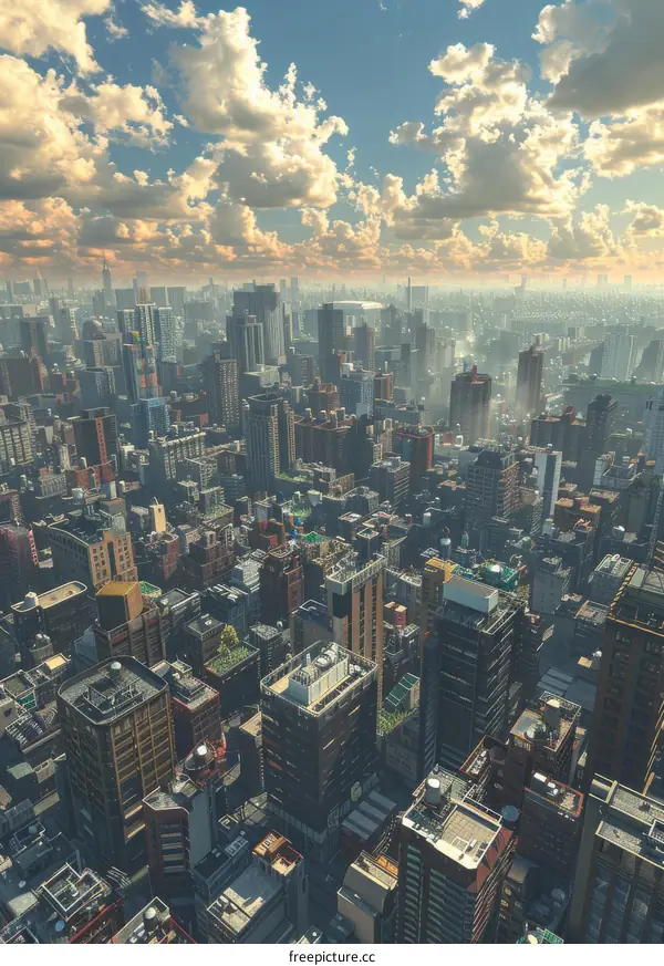 A bird's-eye view of a large city with many skyscrapers