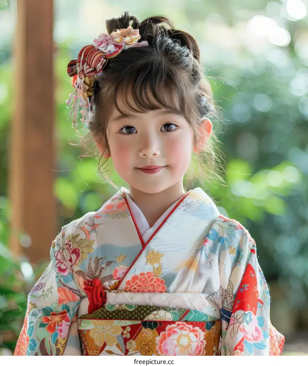 A cute little Japanese girl wearing a kimono is smiling at the camera.