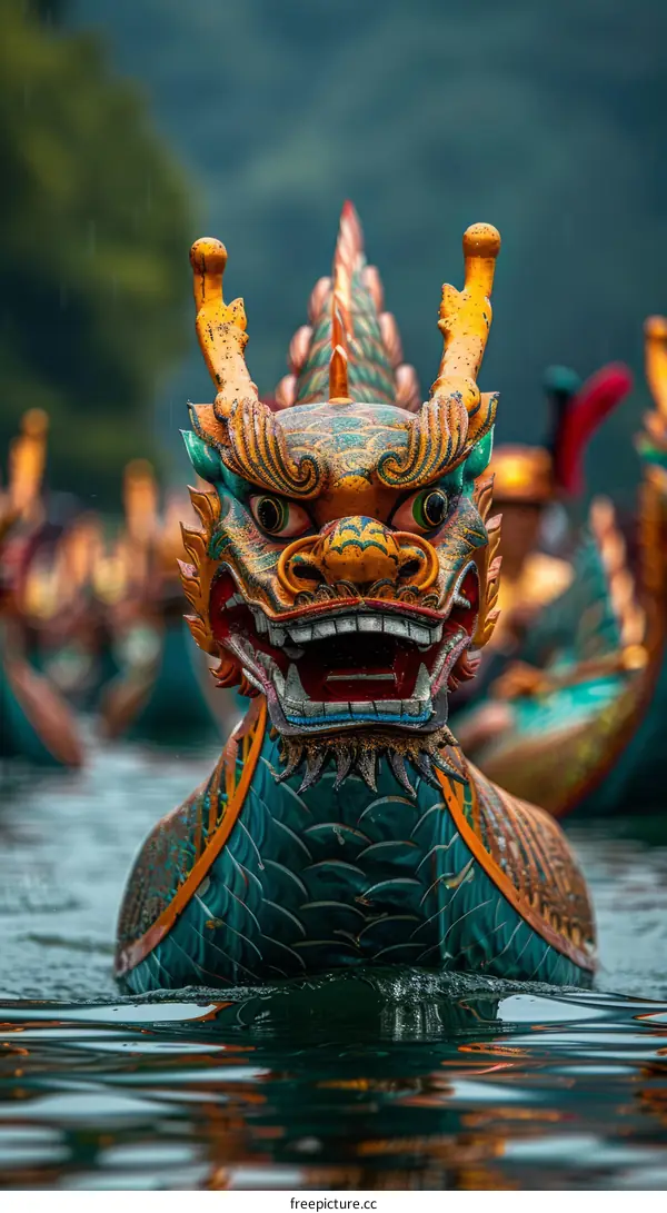 Dragon Boat Race with Green and Yellow Dragon Head