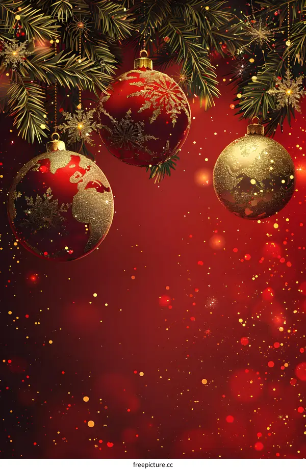 Red and Gold Christmas Ornaments Hanging on a Pine Tree Branch with Red Background