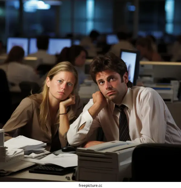 Two business people sitting at their desks looking bored