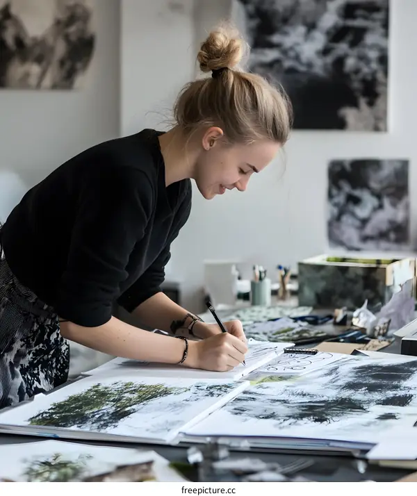 Young Woman Artist Drawing in Studio