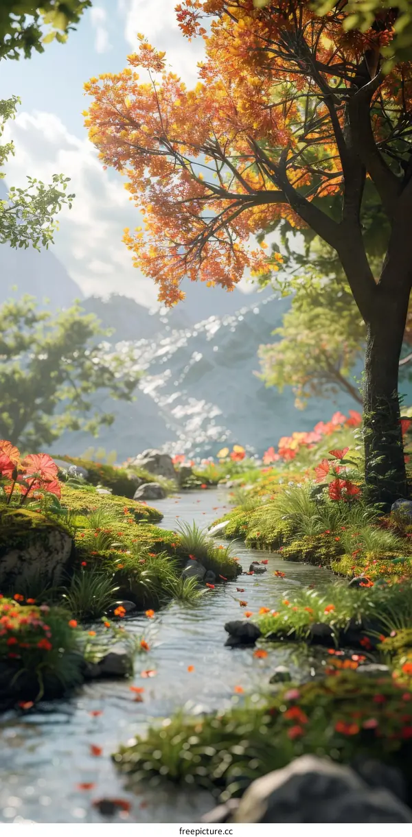 Colorful autumn forest with stream running through