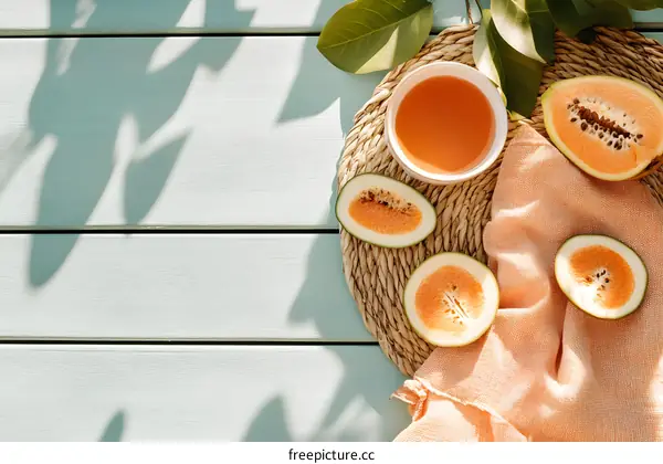 Summer Fruit and Tea on a Wooden Table