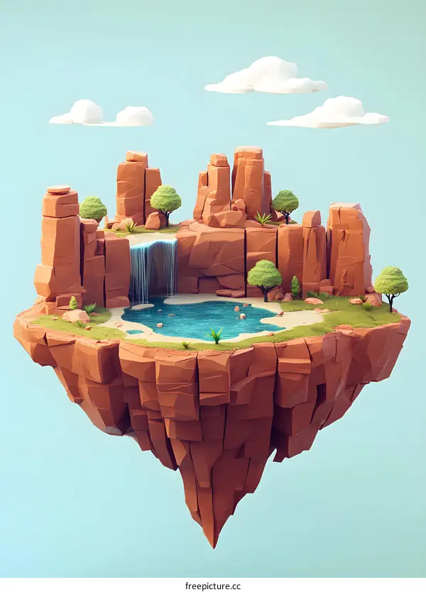 Low Poly Floating Island Illustration with Waterfall and Trees