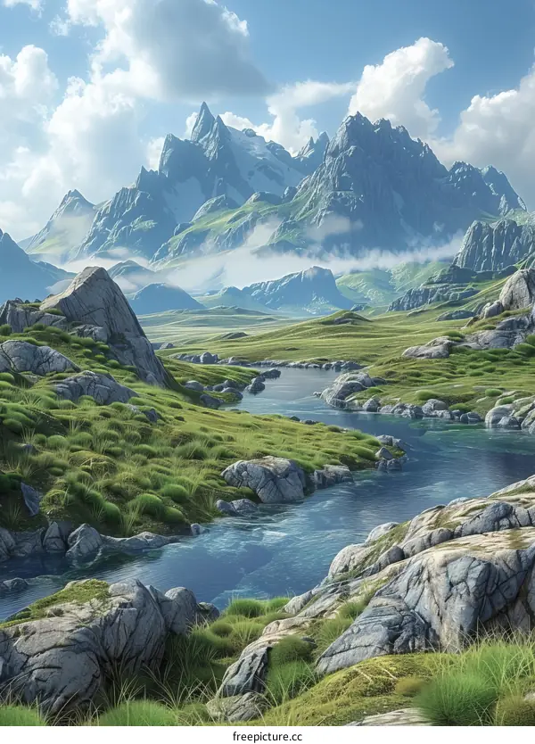 A Picturesque Valley with Mountains, River, and Grasslands
