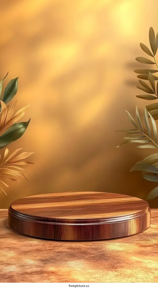 Wooden Display Podium with Sunlight and Tropical Leaves