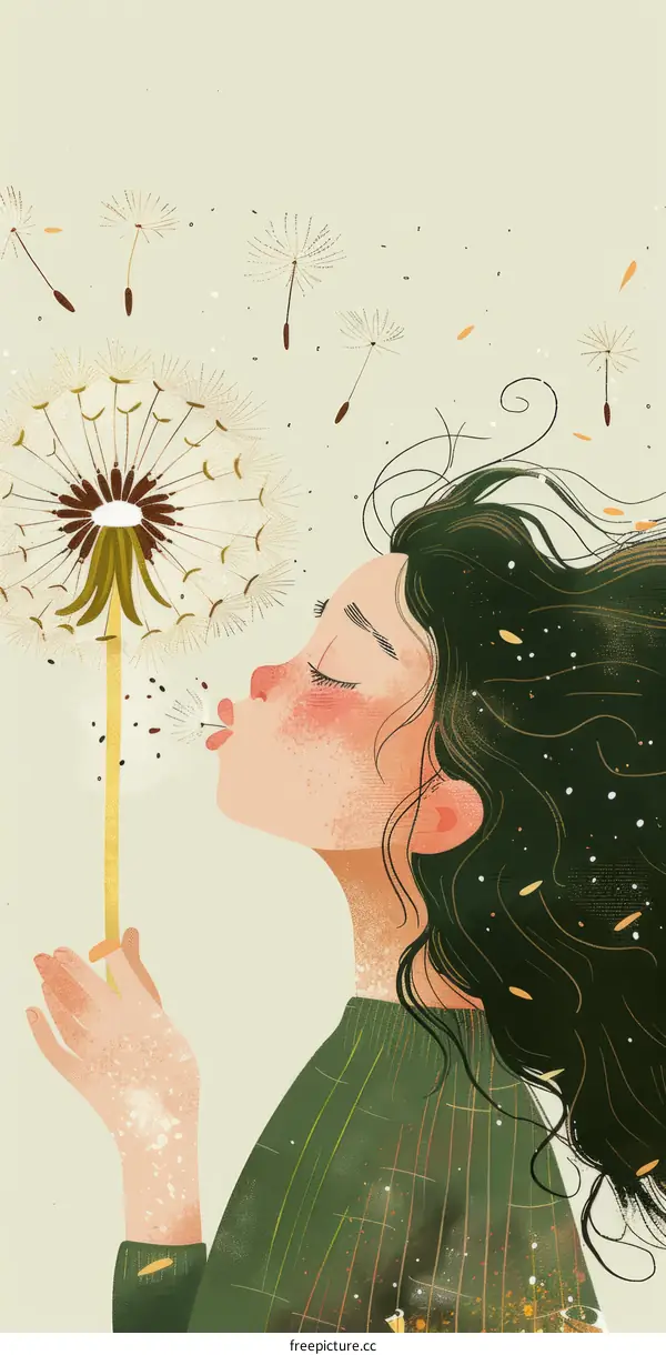 Girl Blowing Dandelion Seeds Illustration