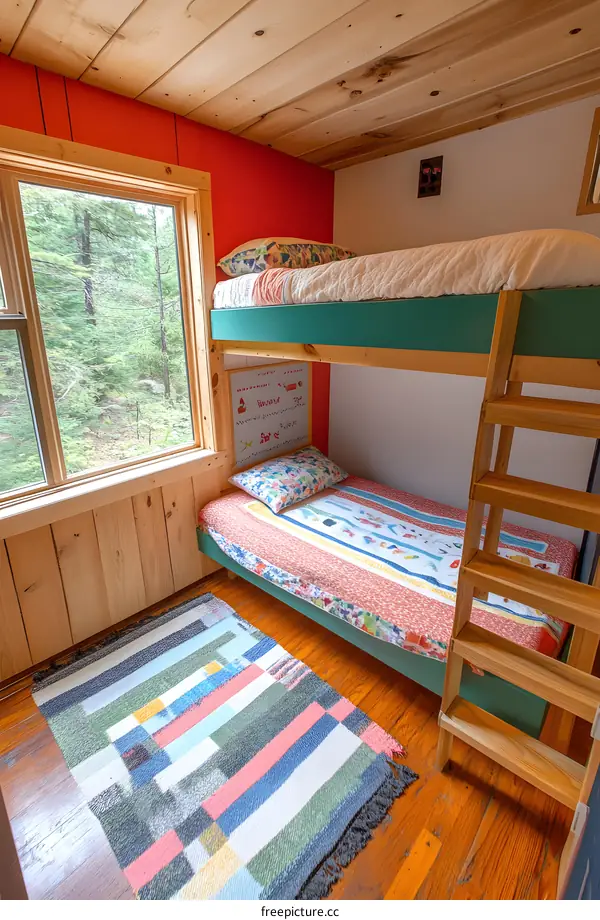 Wooden Bunk Bed in Cabin Bedroom with Colorful Bedding