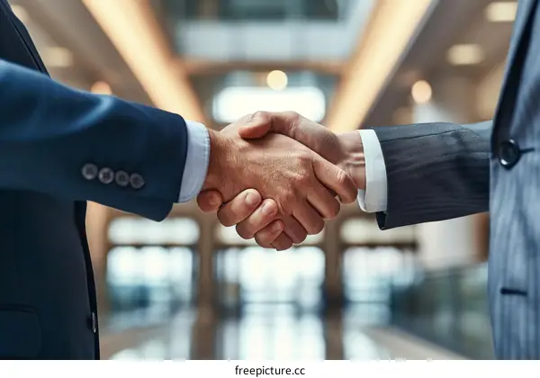 Businessmen in suits shaking hands in agreement