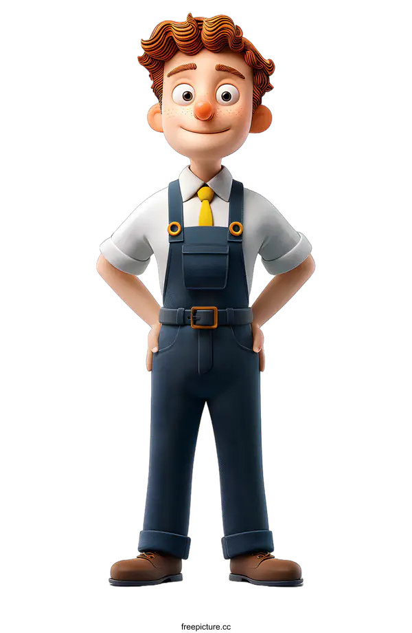 [Transparent Background PNG]Smiling Cartoon Man Wearing Blue Overalls