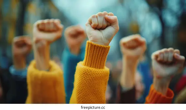 People of various ethnicities raising their fists in protest