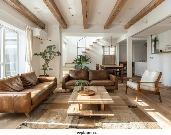 Airy Japanese house with wooden beams and leather furniture