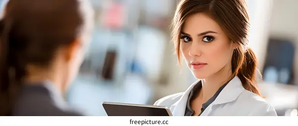 Young Female Doctor In White Coat Holding Tablet Looking At Camera