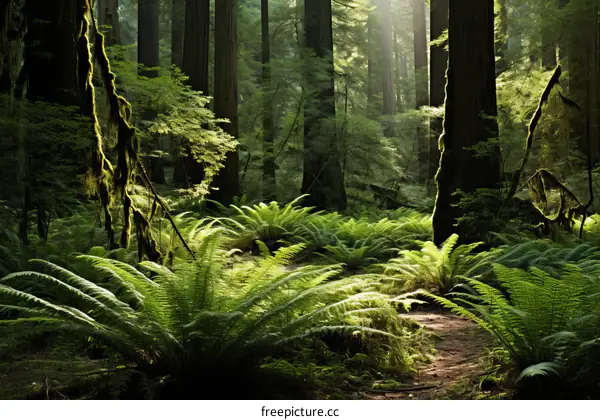 The sun shines through the tall trees in the lush green forest