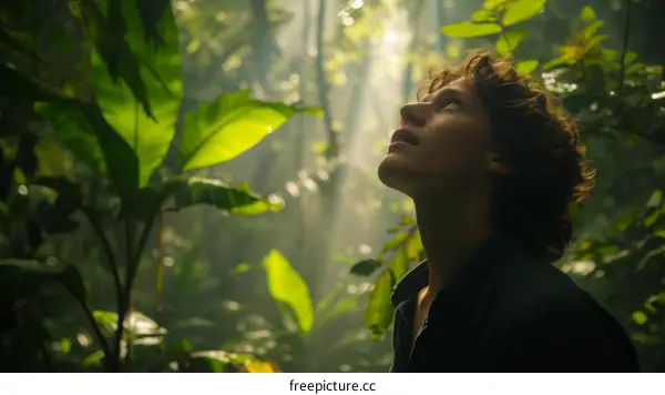 Young woman in awe of the lush jungle canopy