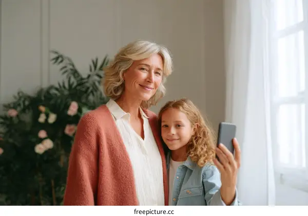 Grandmother and Granddaughter Taking Selfie at Home