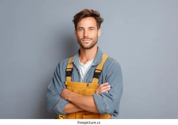 Confident Caucasian Male Tradesperson Against a Gray Background