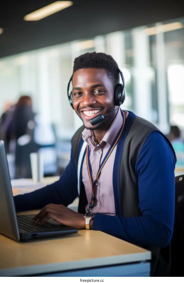 Smiling African American customer service representative wearing a headset and working on a laptop