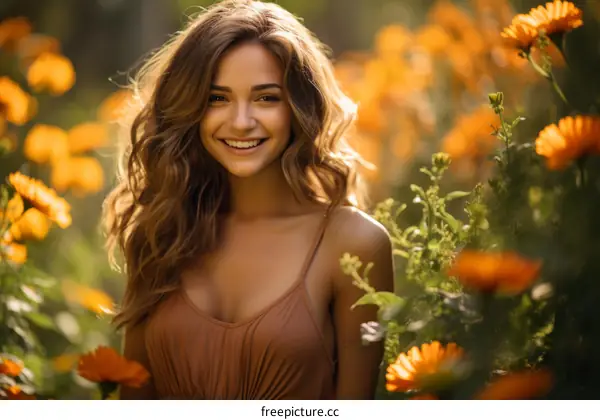 Portrait of a smiling young woman in a field of flowers
