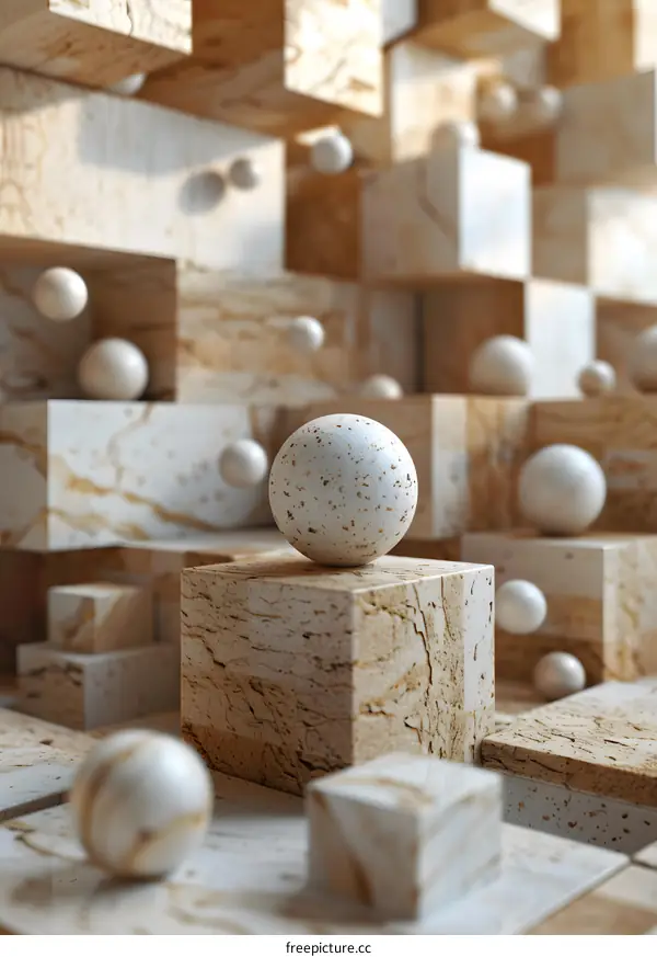 3D rendering of a cream-colored geometric structure with spheres