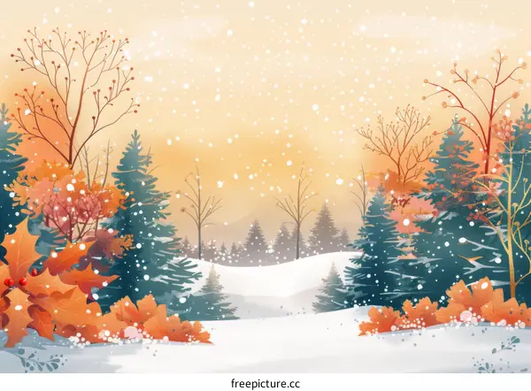 Snowy forest landscape with leafless trees and bushes