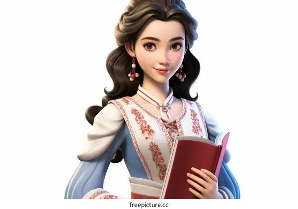 Young Woman in Blue Dress Reading a Book