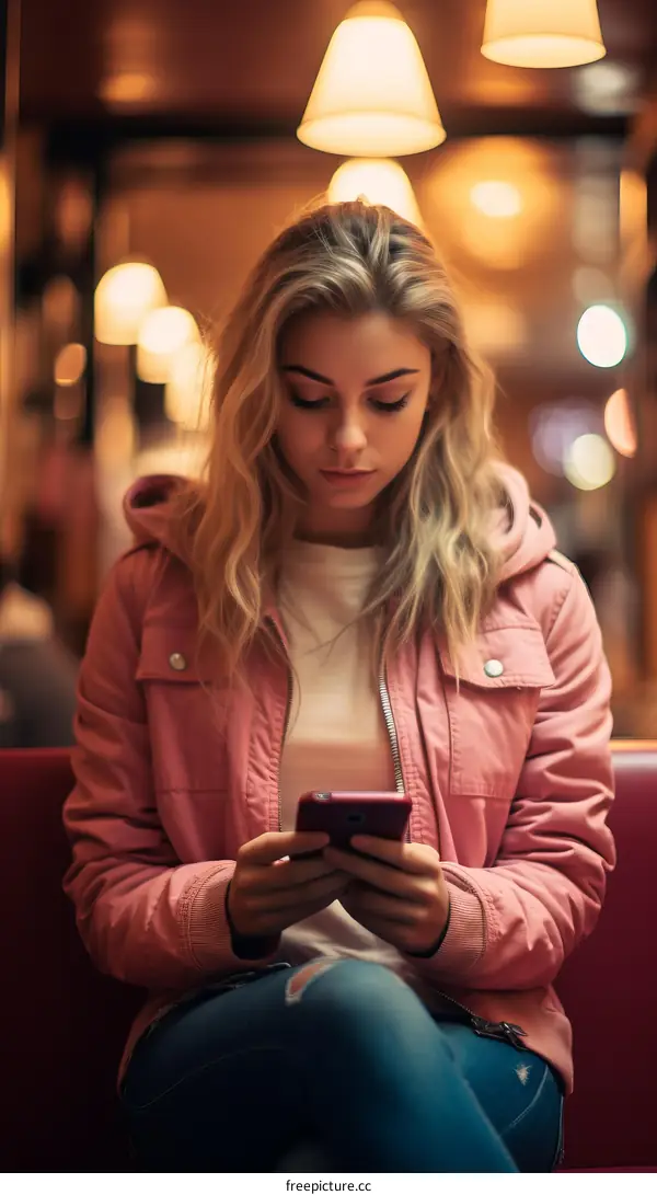 Young woman in a pink jacket looking at her phone
