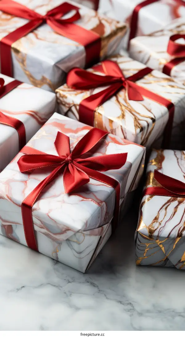 Several beautifully wrapped presents with red ribbons