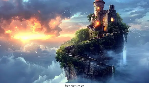 Mesmerizing Fantasy Castle Floating Amidst Clouds with a Sunset Sky