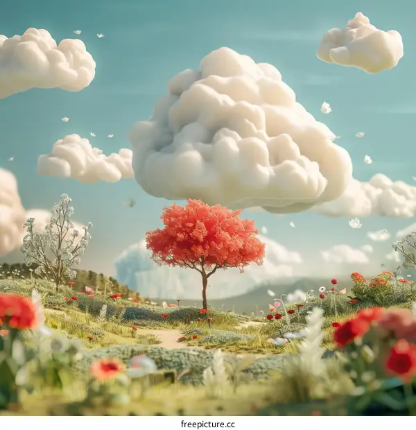 Surreal Landscape with Solitary Tree and Billowing Cloud