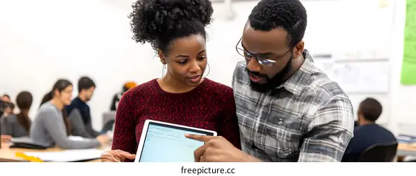 Two Students Reviewing Work Together on Tablet in Classroom
