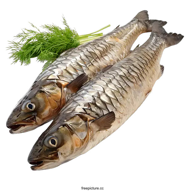 [Transparent Background PNG]Two freshly caught fish lie on a white surface next to some dill.