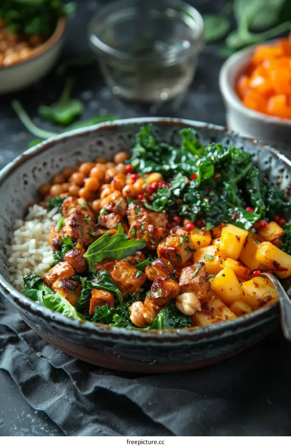 Vegan Buddha bowl with tempeh, sweet potato, kale and peanut dressing