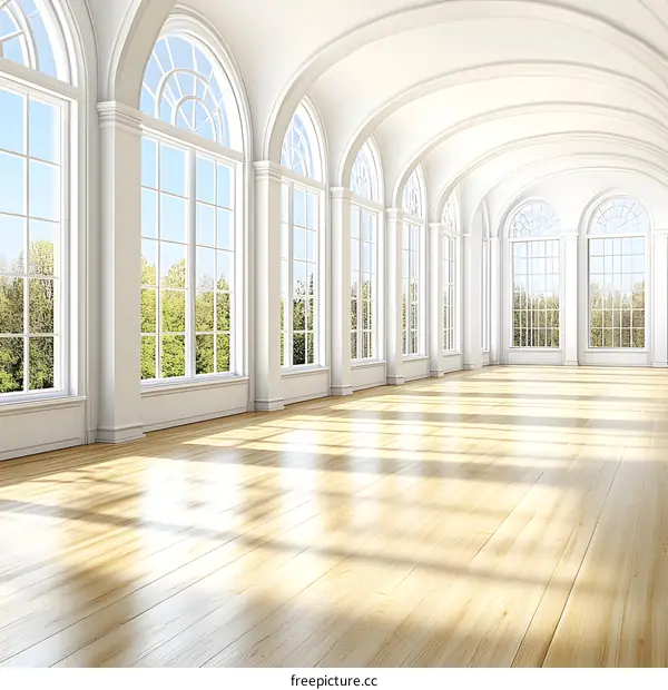 Large White Room With Arched Windows And Hardwood Floor