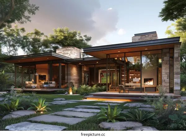 Modern House Exterior With Large Glass Windows And Stone Walls