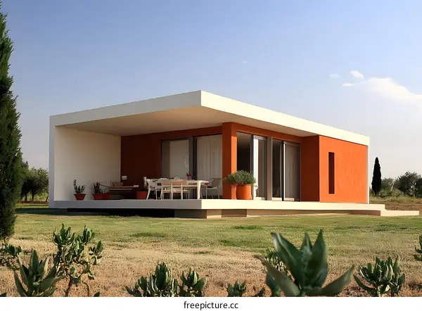 Modern Orange and White House with Patio in Grassy Field