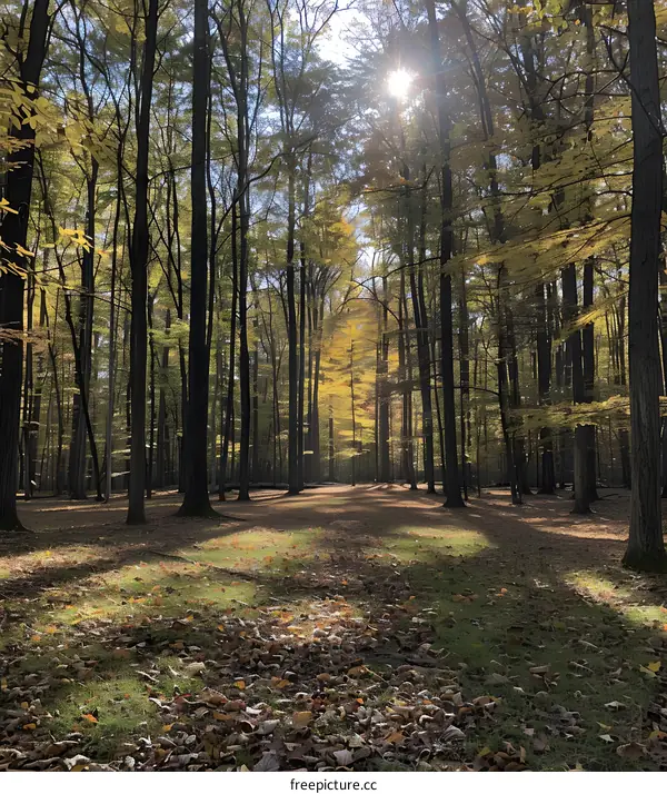 The sun shines through the tall trees in the forest