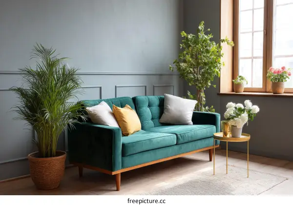 Teal Sofa Living Room with Plants and Accents