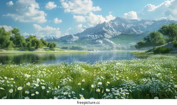 Tranquil mountain lake with blooming chamomile flowers