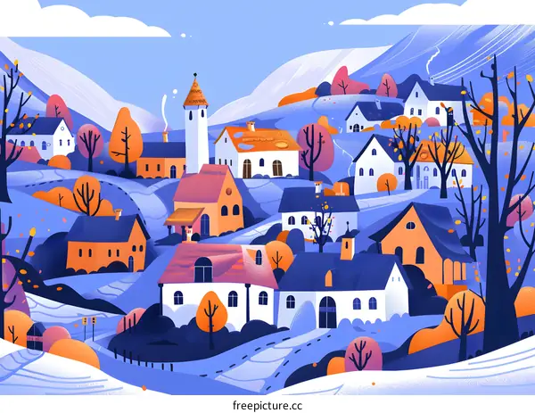 Winter village illustration in flat design style