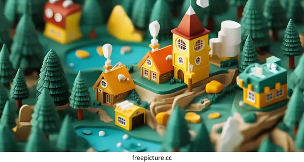Cute Miniature Village with Houses and Trees Illustration