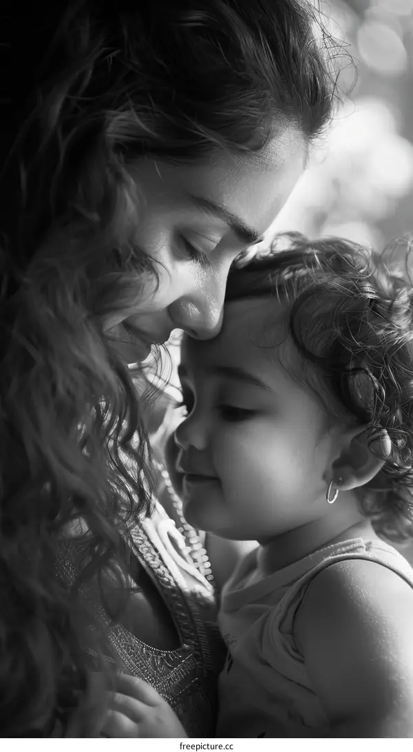 Black and white portrait of a mother and her child