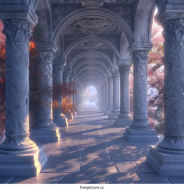 Elven Architecture With Trees in a Misty Forest