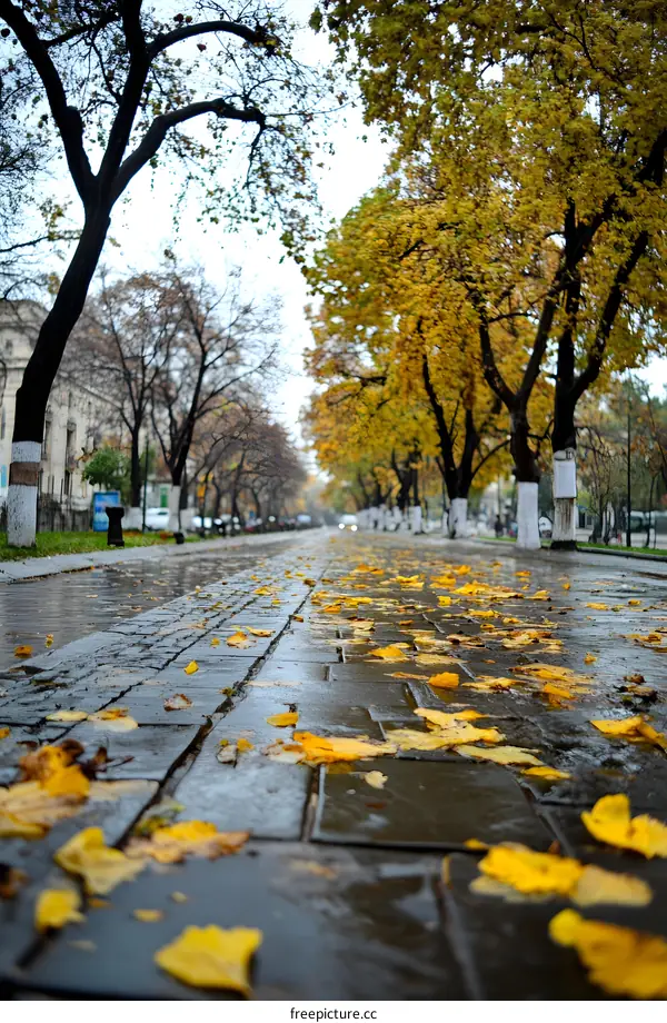 Autumn Leaves on Wet Cobblestone Street