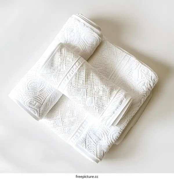 Three white towels folded on a white background