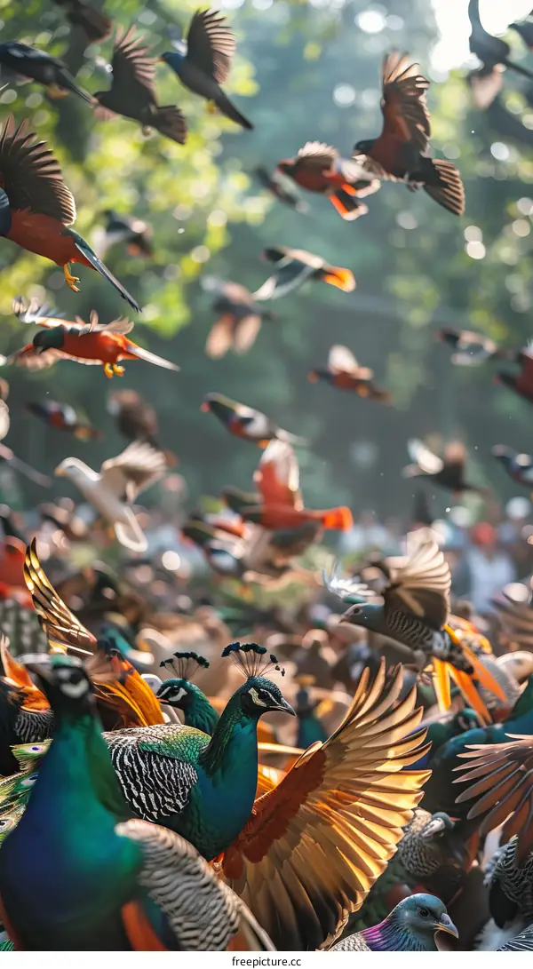 A large flock of brightly colored birds in a forest