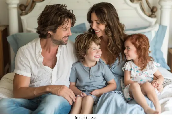 Family of four sitting on a bed smiling